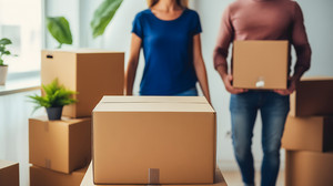Gros plan sur deux personnes tenant des cartons de déménagement.