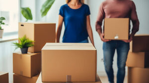 Gros plan sur deux personnes tenant des cartons de déménagement.