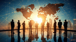 Global business concept, business people standing on world map background. generative ai