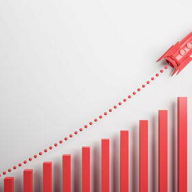 Startup and new project concept with red rocket flying up with dotted trajectory above rede growth graph on light background. 3D rendering